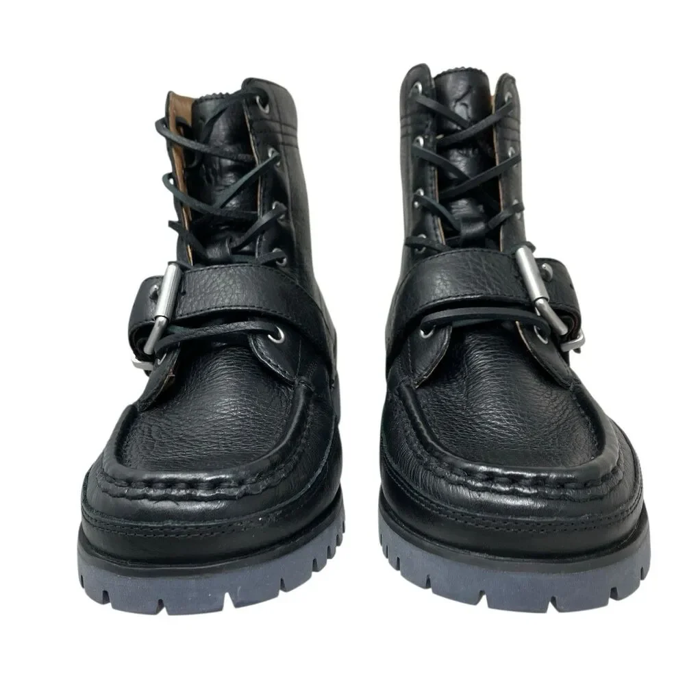 Polo Ralph Lauren Boots Mens 7 Black‎ Leather Ranger Lug Sole Rugged Buckle